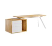 białe biurko z drewna i kontenerkiem po lewej stronie