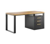 biurko czarne z drewnianym blatem i kontenerkiem czarnym