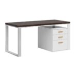 Biurko białe do pracy hybrydowej z szufladami i dębowym, brązowym blatem 160x70