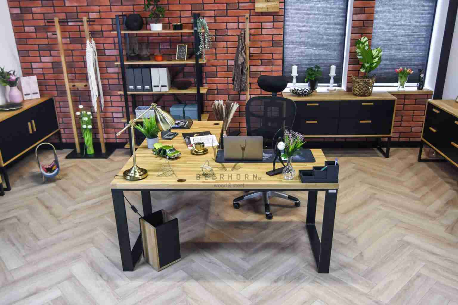Biurko narożne z drewnianym blatem loft premium
