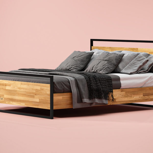 łóżko z drewna i metalu na której jest pościel