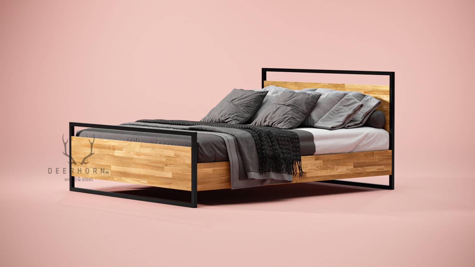 łóżko z drewna i metalu na której jest pościel