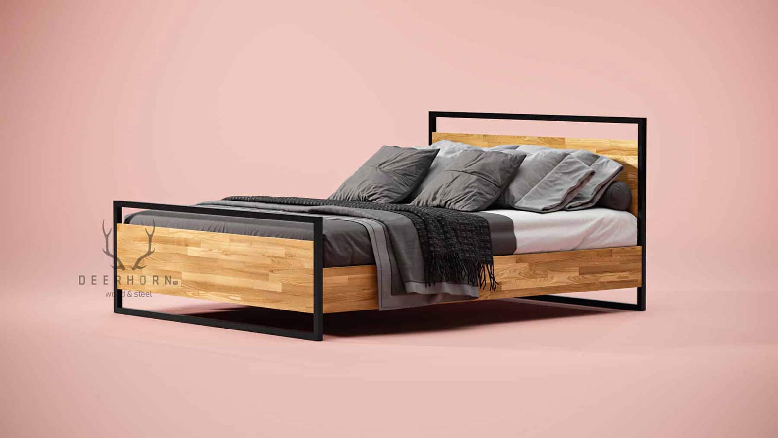 łóżko z drewna i metalu w stylu loft