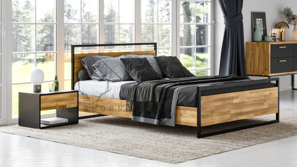 sypialnia loftowa drewno metal