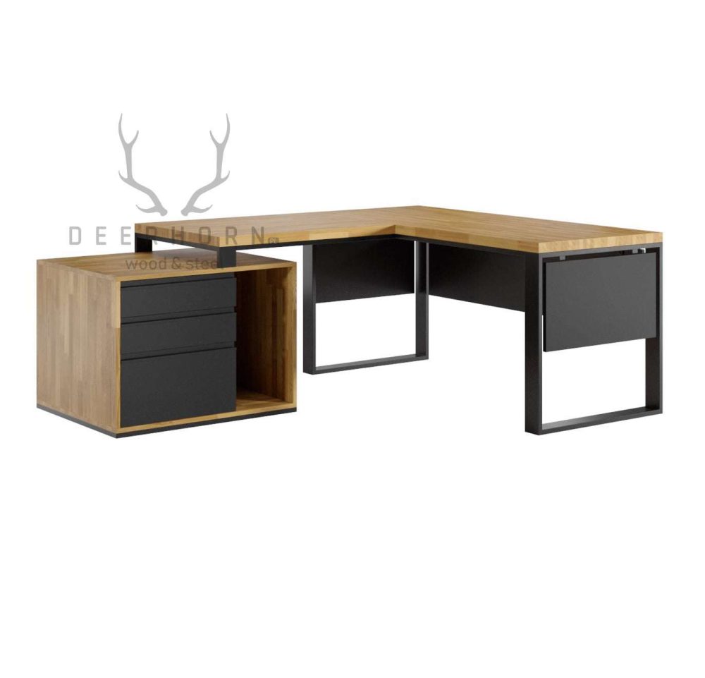 Biurko narożne z kontenerkiem i osłoną maskującą pod blatem Loft Office ...