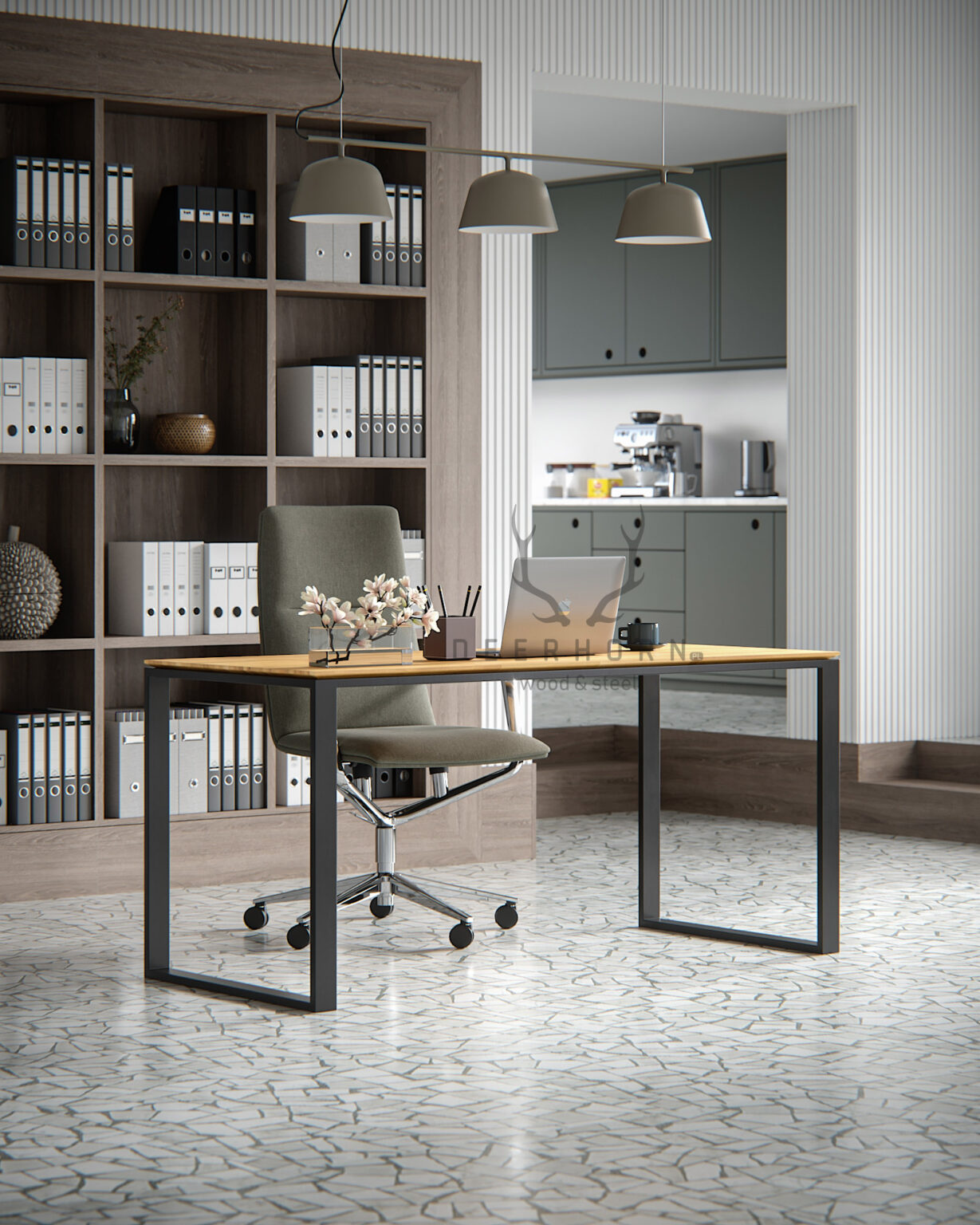 Biurko premium z drewnianym blatem | Deerhorn meble