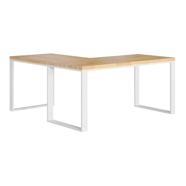 biurko narożne białe z drewnianym blatem
