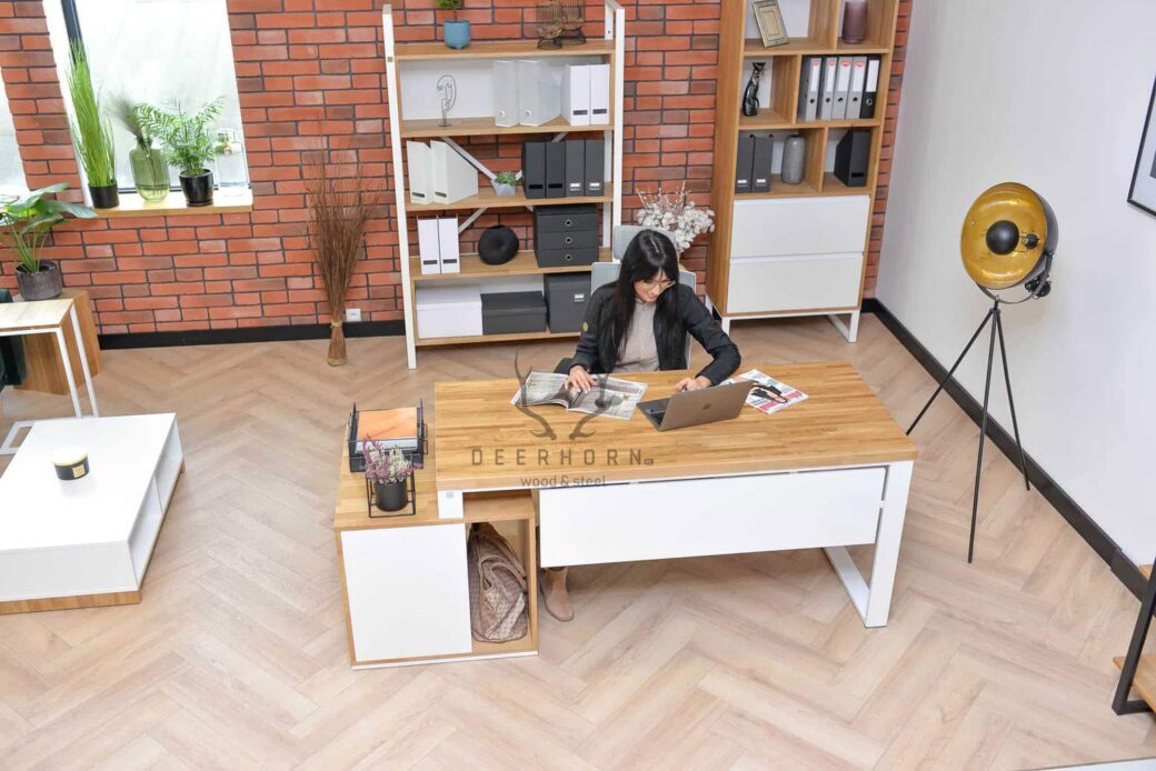 Ergonomiczne białe biurko narożne do nowoczesnych firm
