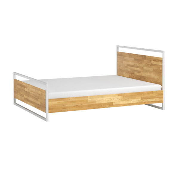 białe łóżko z drewna i metalu
