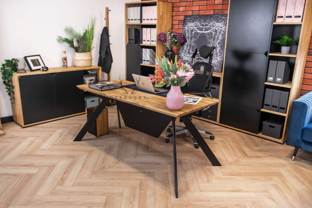 Biurko premium z drewnianym blatem na metalowym stelażu