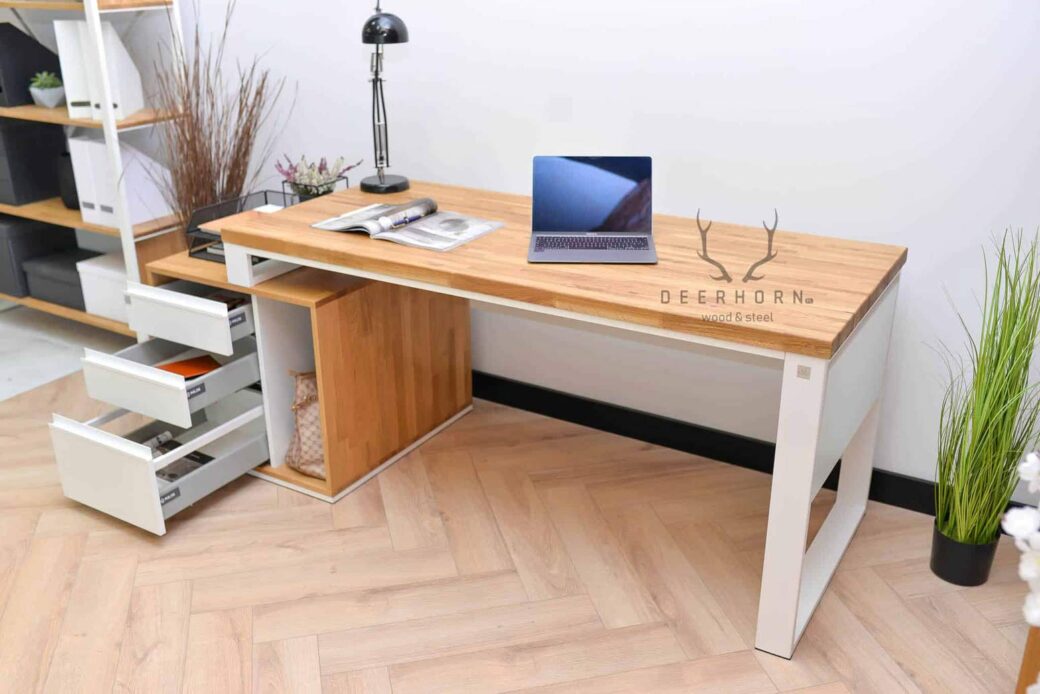 Białe biurko kobiece loft office plus z blendami maskującymi
