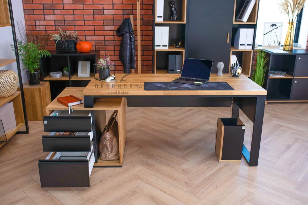 Biurko biurowe drewniane loft office plus od Deerhorn. Kosz premium gratis