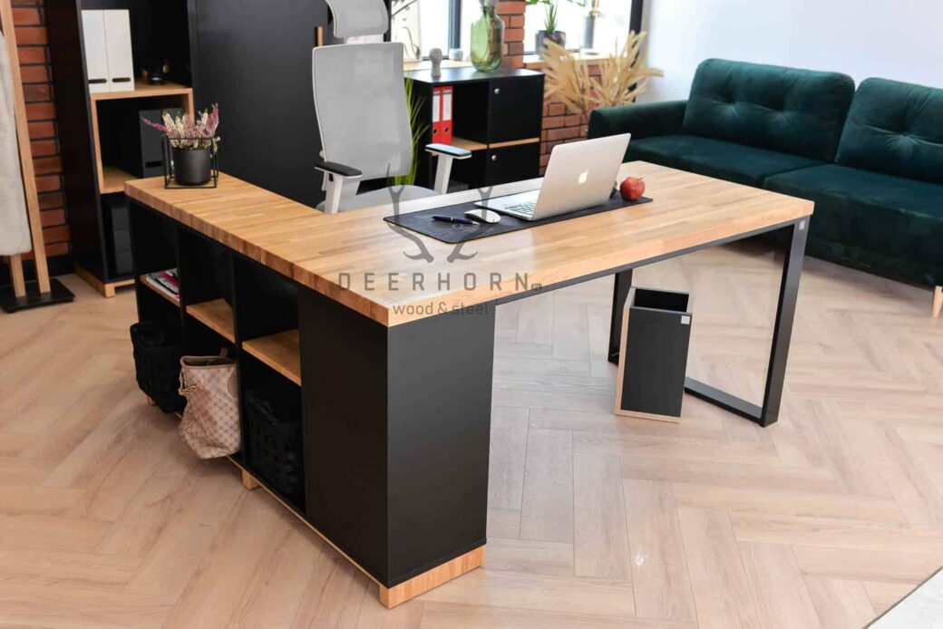Biurko narożne loft z drewnianym blatem modern office