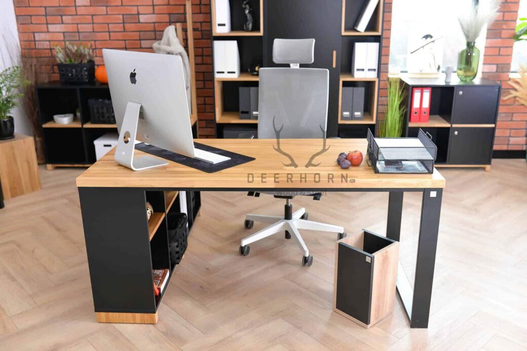 Biurko narożne loft z drewnianym blatem modern office