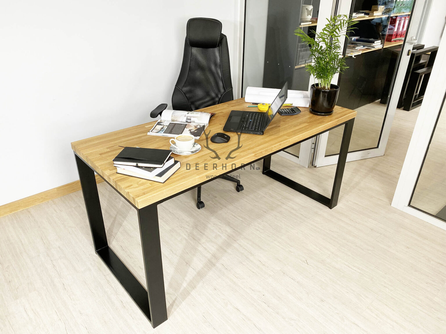 Biurko loft office premium Deerhorn z drewnianym blatem
