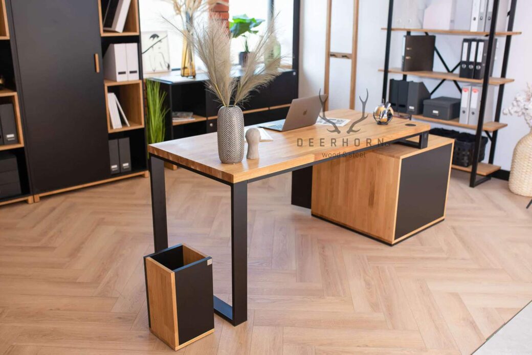 Czarne biurko gabinetowe loft office slim z grubszym blatem