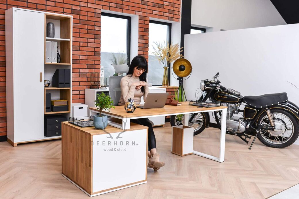 Białe biurko kobiece loft office slim z szufladami