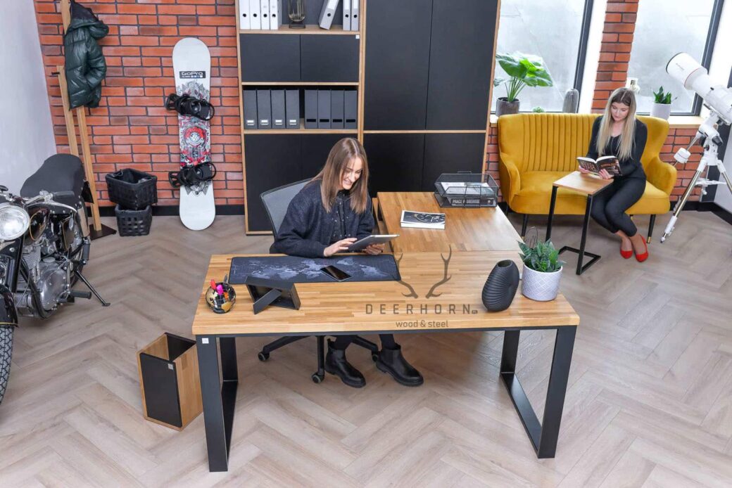 Biurko narożne z drewna i metalu - kolekcja Loft Office Slim