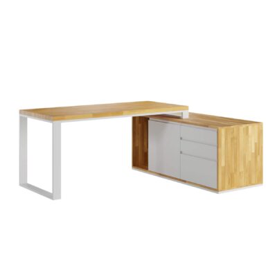białe biurko z długim kontenerkiem z szufladami i miejscem na dokumenty