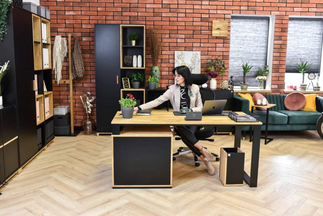 Biurko Loft Office Slim drewniany blat i metalowy stelaż