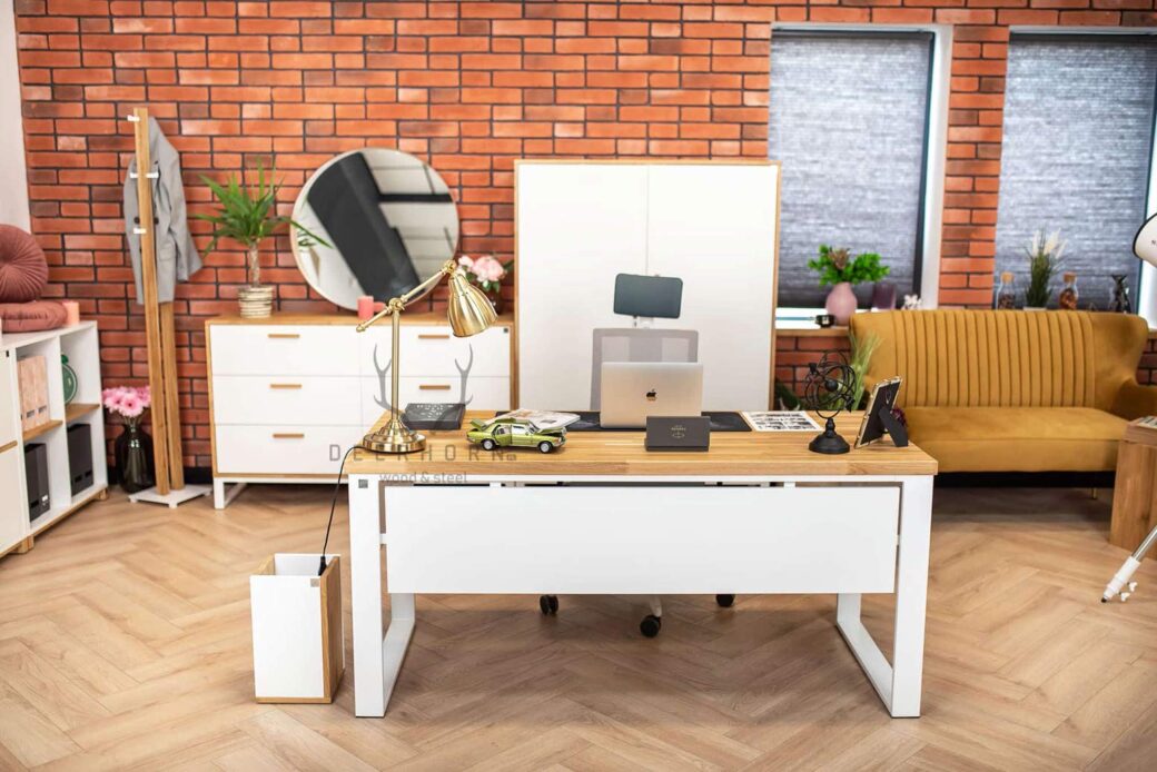 Białe biurko w stylu loft, skandynawskim do biura, gabinetu