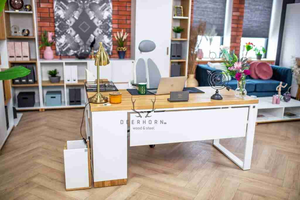 Biurko narożne drewno z metalem "modern office" prawe ️