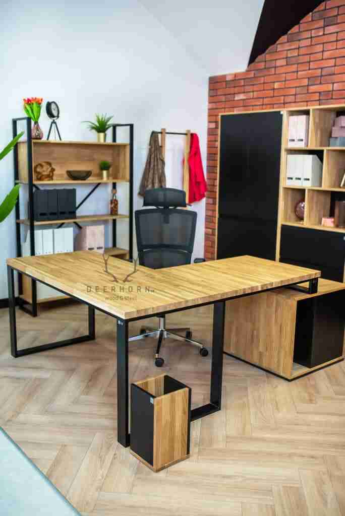 Biurko narożne z drewnianym blatem premium loft industrialne
