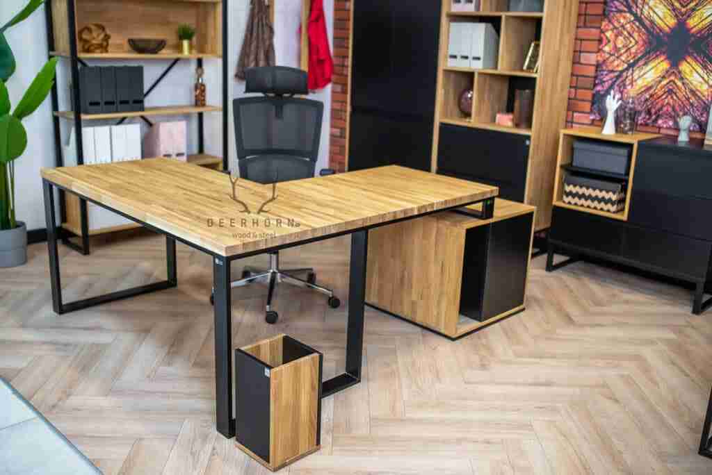 Biurko narożne z drewnianym blatem premium loft industrialne