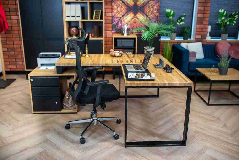 Biurko narożne z drewnianym blatem premium loft industrialne