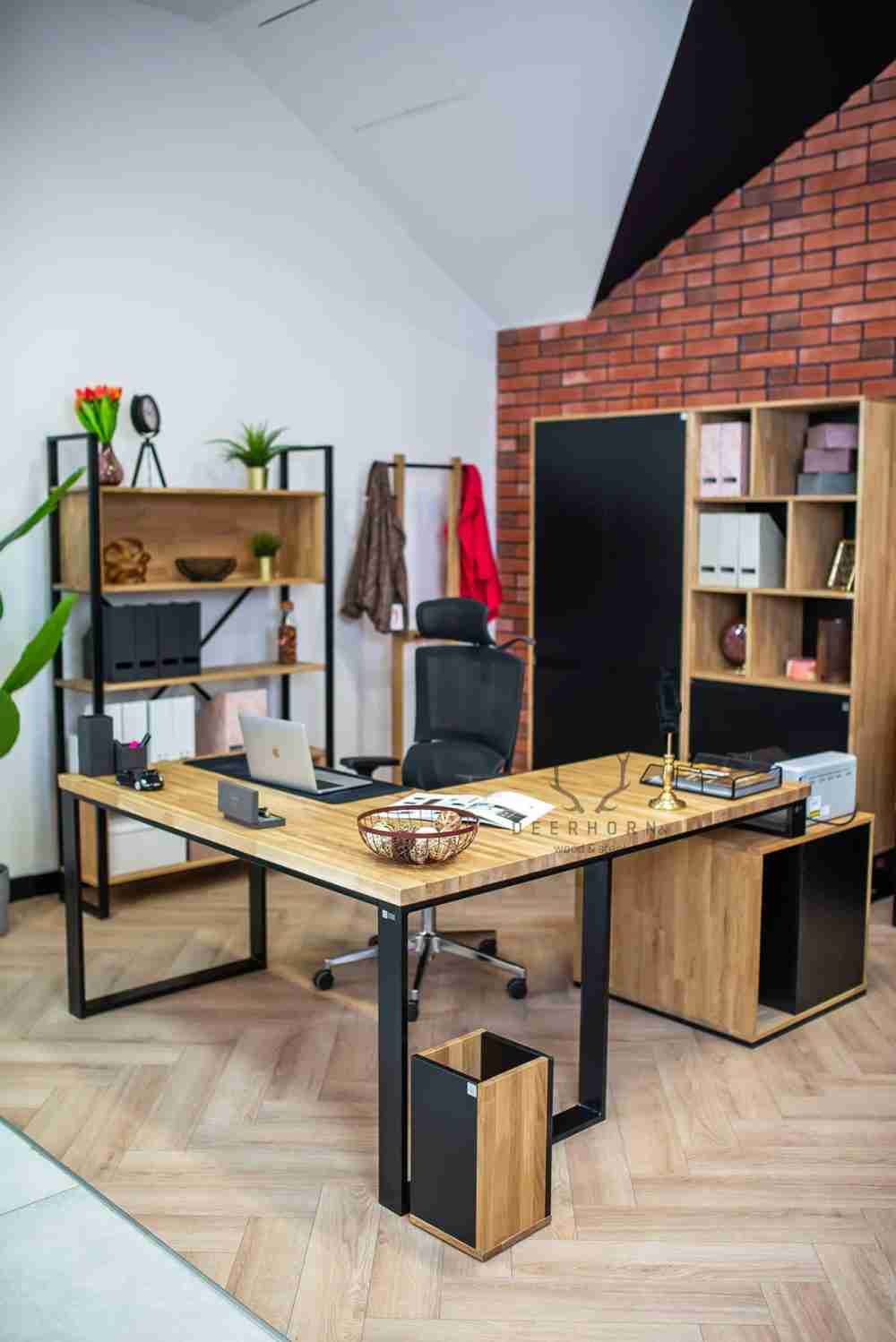 Biurko narożne z drewnianym blatem premium loft industrialne