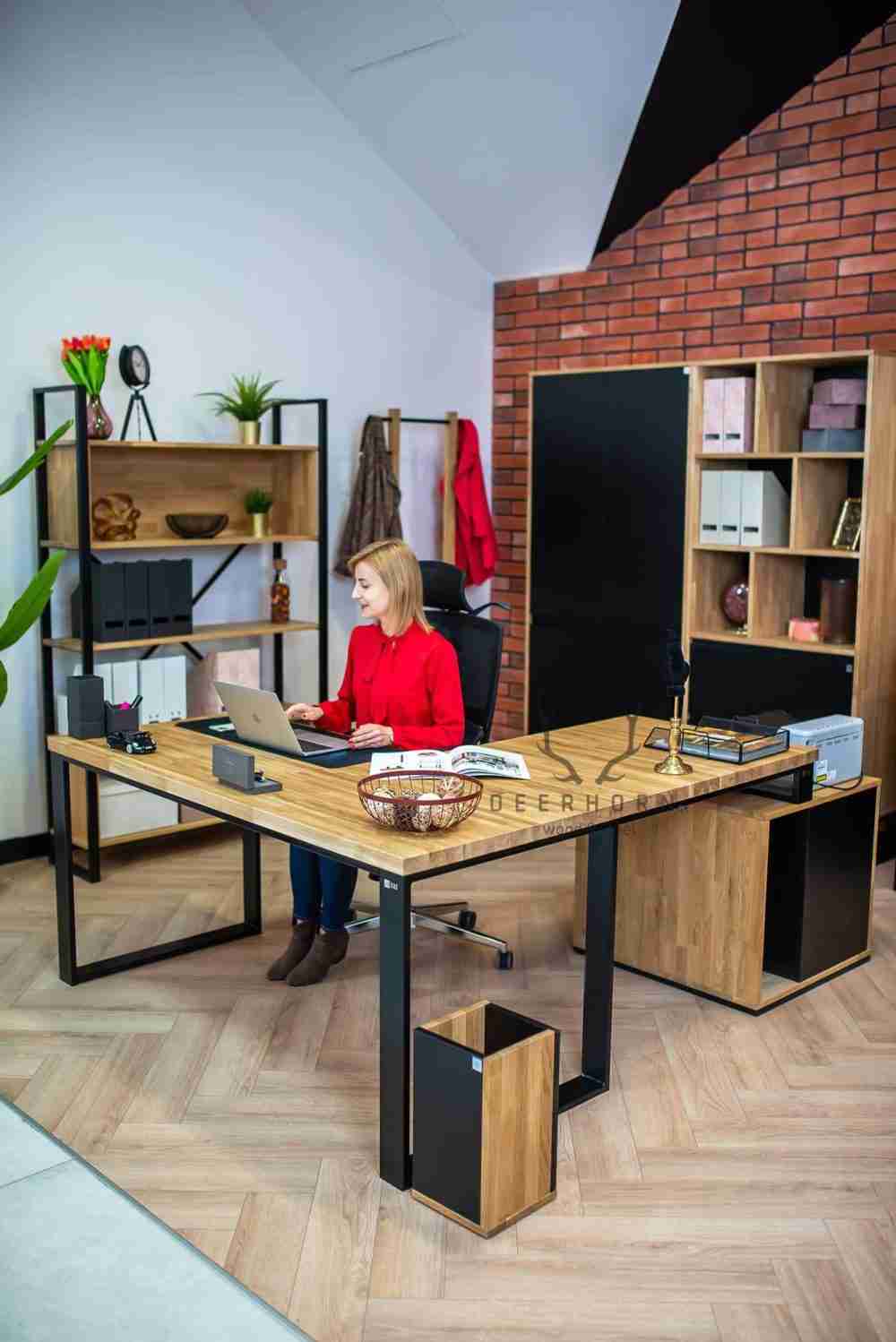 Biurko narożne z drewnianym blatem premium loft industrialne