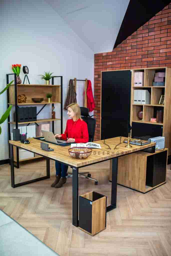 Biurko narożne z drewnianym blatem premium loft industrialne