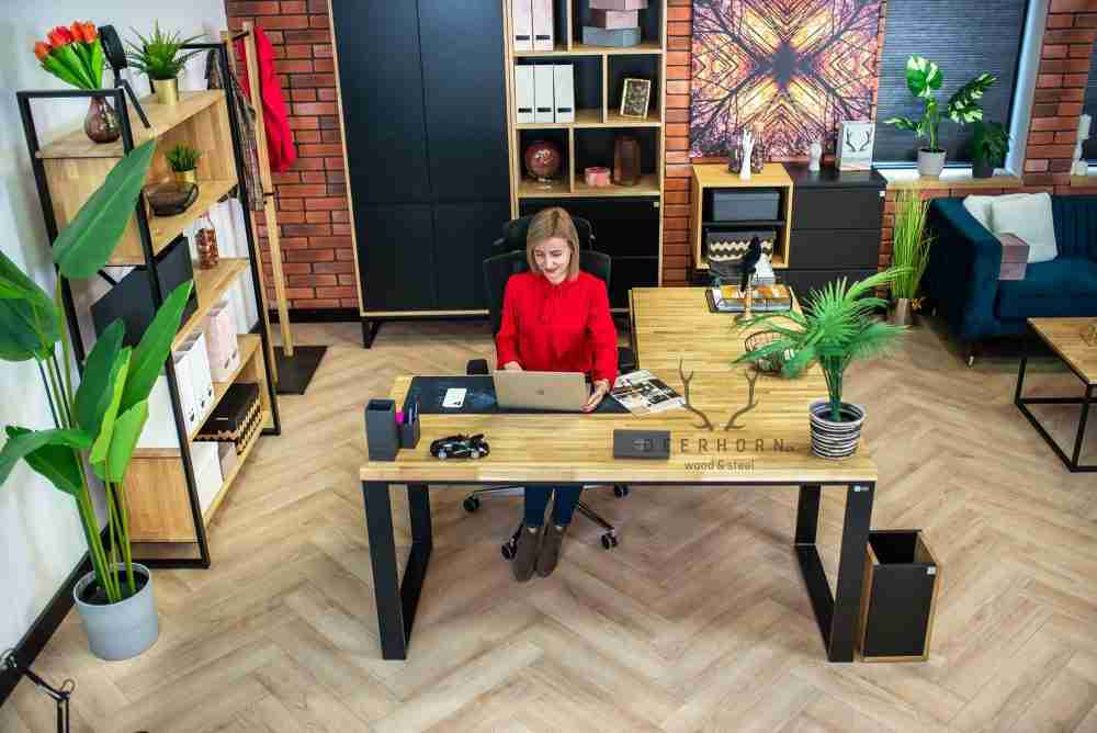 Biurko narożne z drewnianym blatem premium loft industrialne