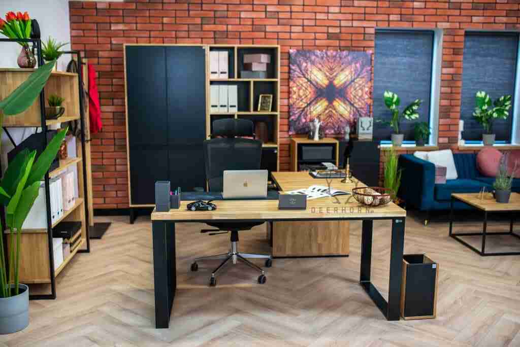 Biurko narożne z drewnianym blatem premium loft industrialne