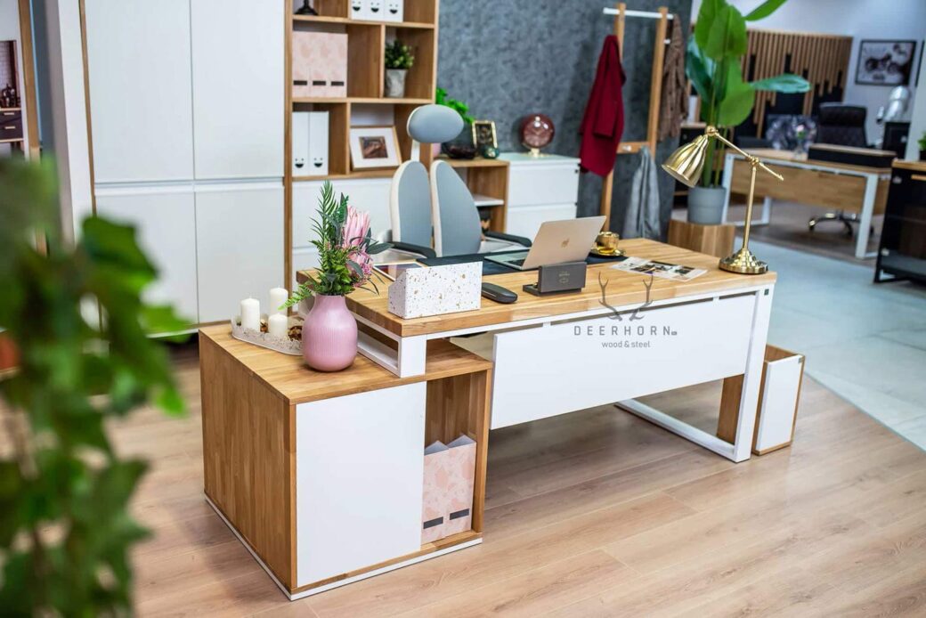 Ergonomiczne białe biurko narożne do nowoczesnych firm