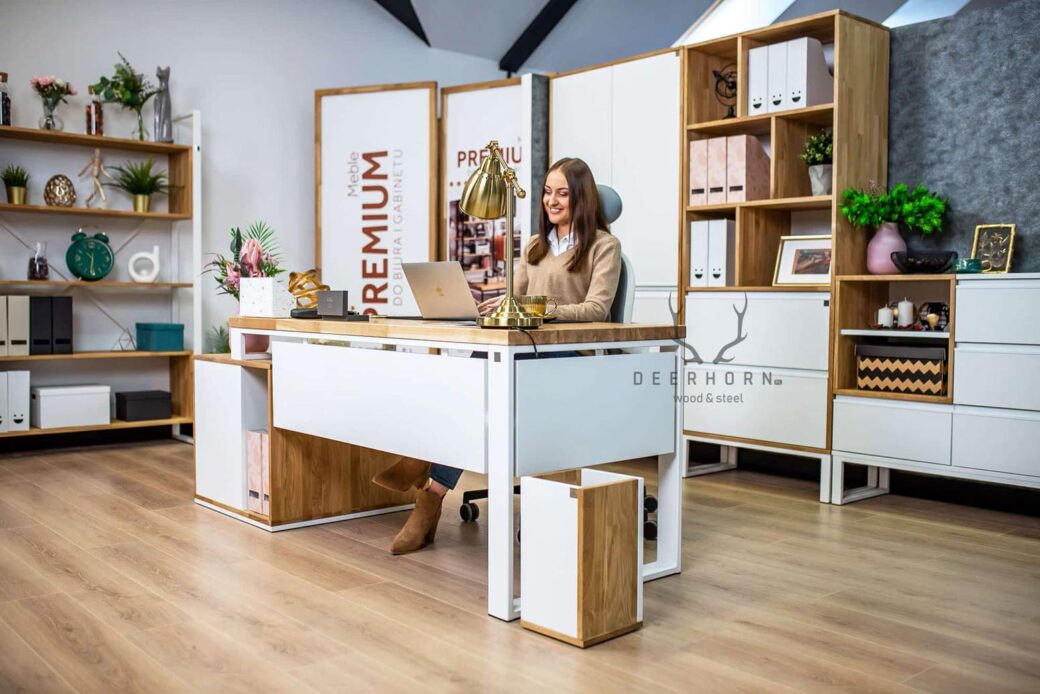 Ergonomiczne białe biurko narożne do nowoczesnych firm