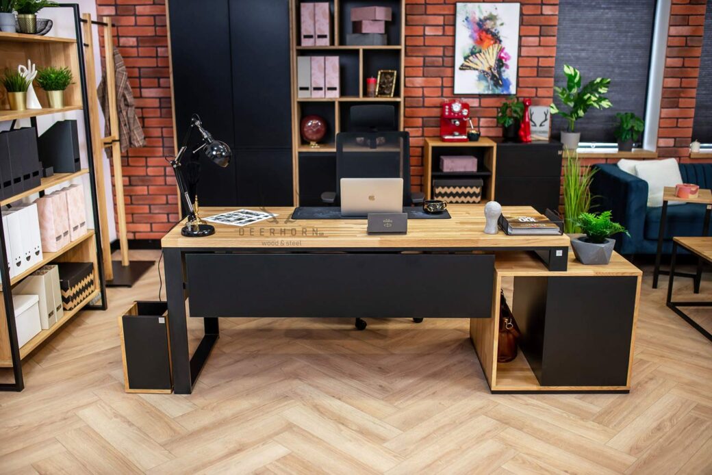 Biurko drewniane z kontenerkiem loft office plus Deerhorn