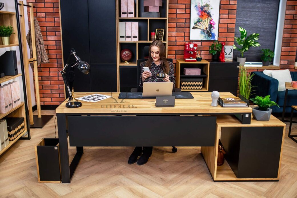 Biurko drewniane z kontenerkiem loft office plus Deerhorn