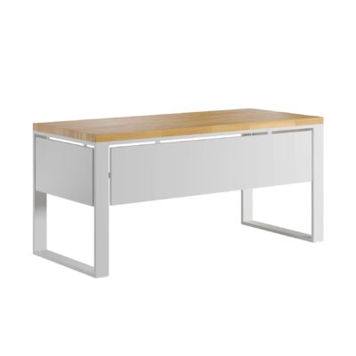 białe biurko z osłonami pod blatem