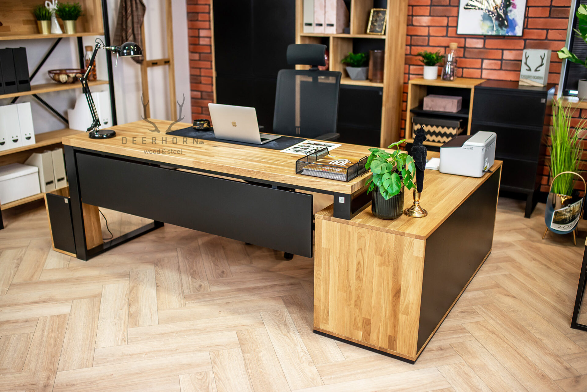 Biurko narożne drewniane długim dębowym blatem premium loft