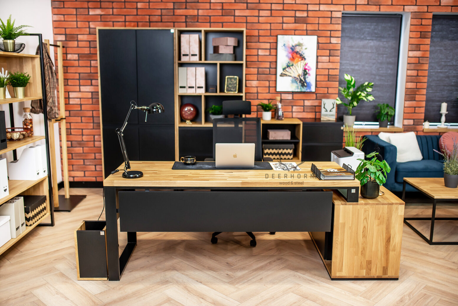 Biurko narożne drewniane długim dębowym blatem premium loft