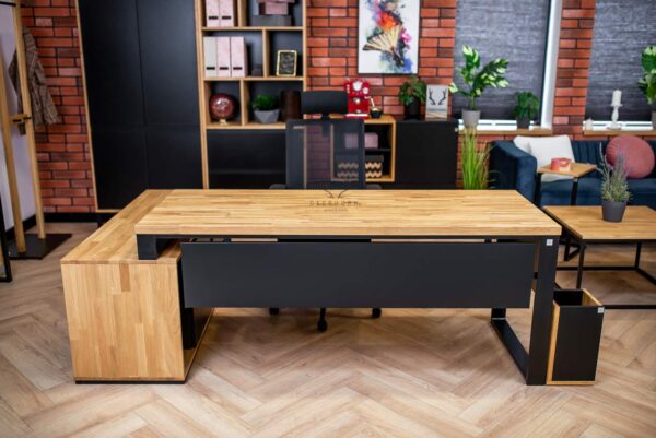 biurko loft narożne z drewna i metalu