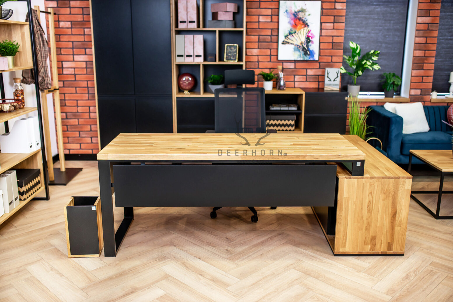 Biurko narożne drewniane długim dębowym blatem premium loft
