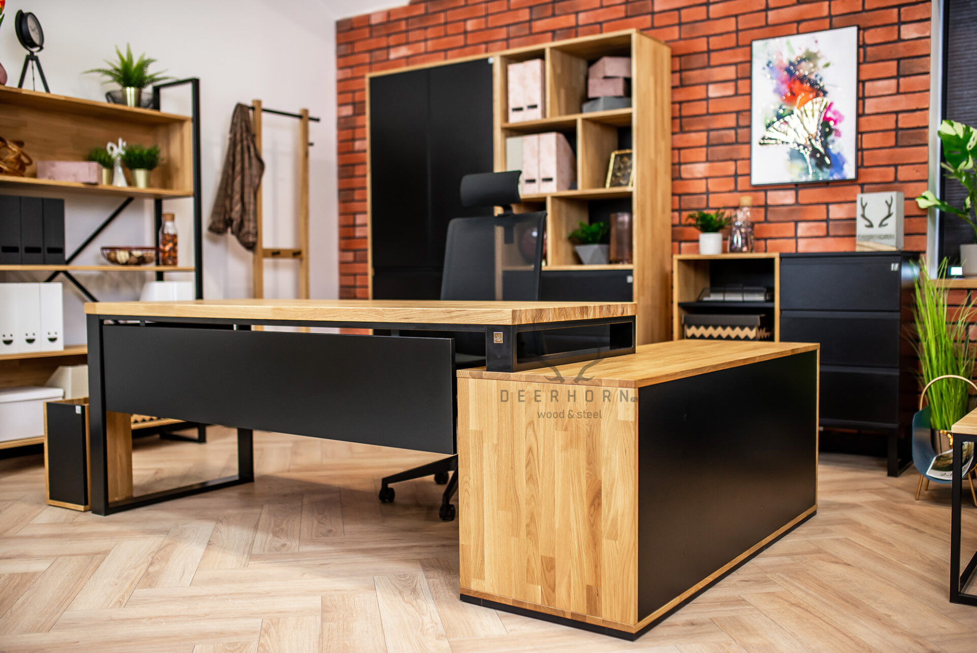 Biurko narożne drewniane długim dębowym blatem premium loft