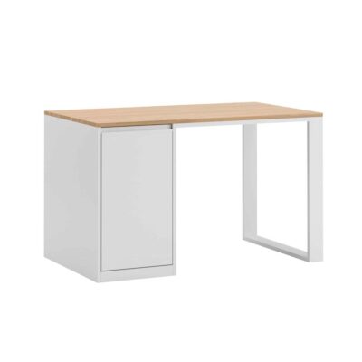 biurko białe z drewnianym blatem i kontenerkiem wbudowanym z lewej strony