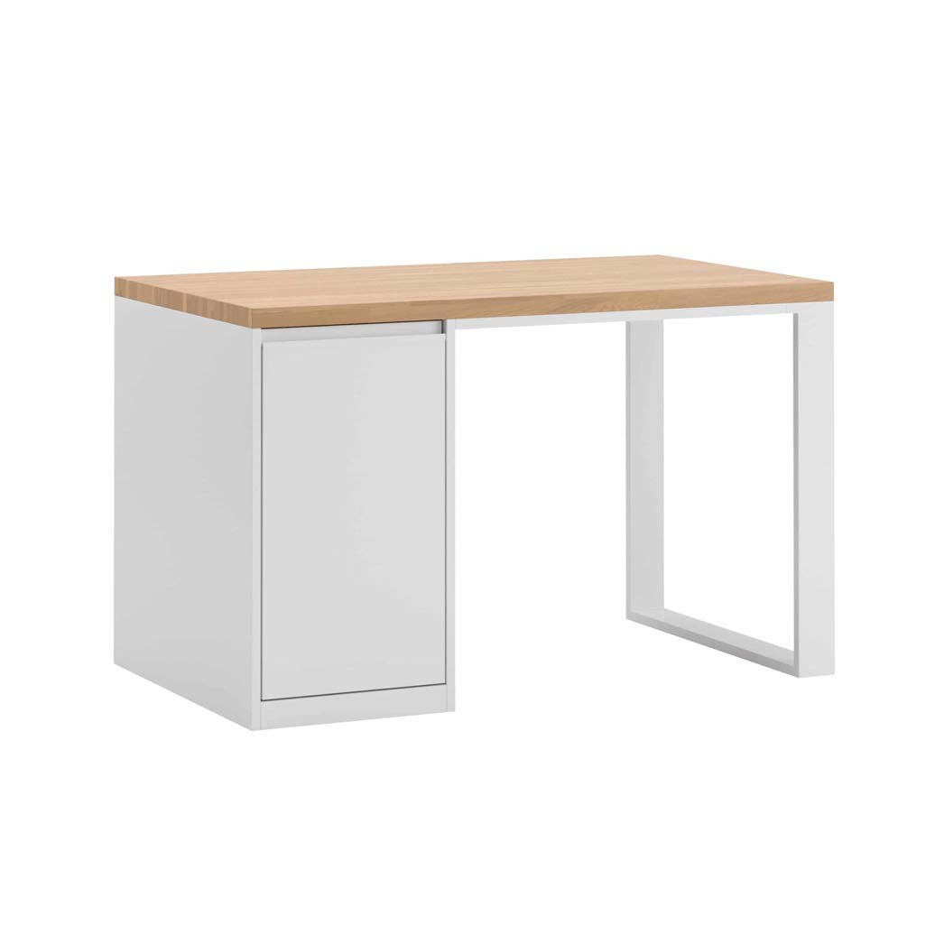 biurko z drewnianym blatem i szafką z jednej strony
