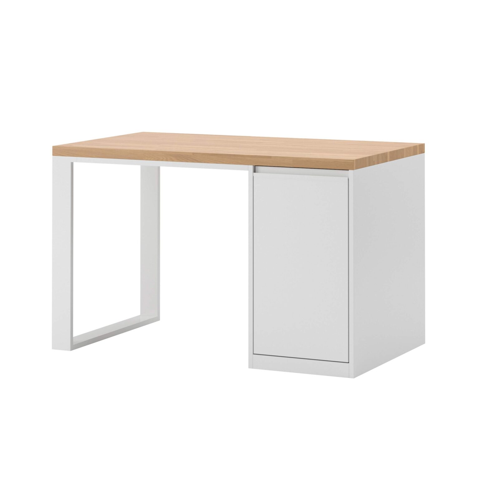 białe biurko z kontenerkiem wbudowanym i drewnianym blatem