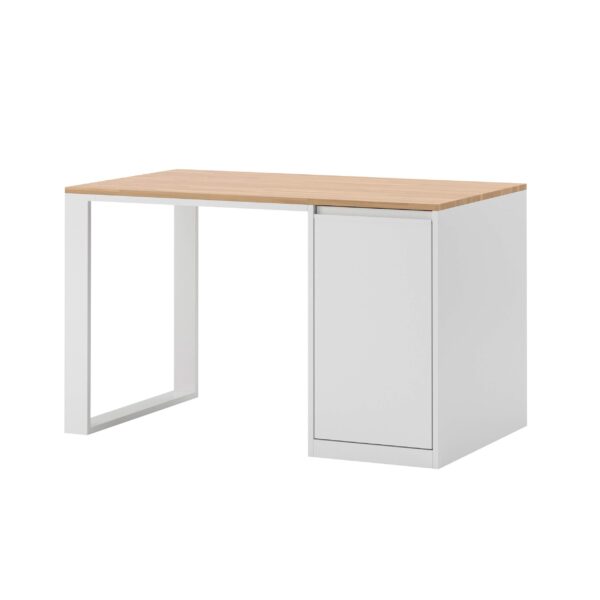 biurko z kontenerkiem białe i drewnianym cienkim blatem