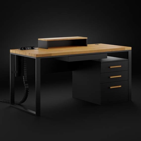 biurko czarne z szafką pod biurko i nadstawką pod monitor i innymi akcesoriami do biurka