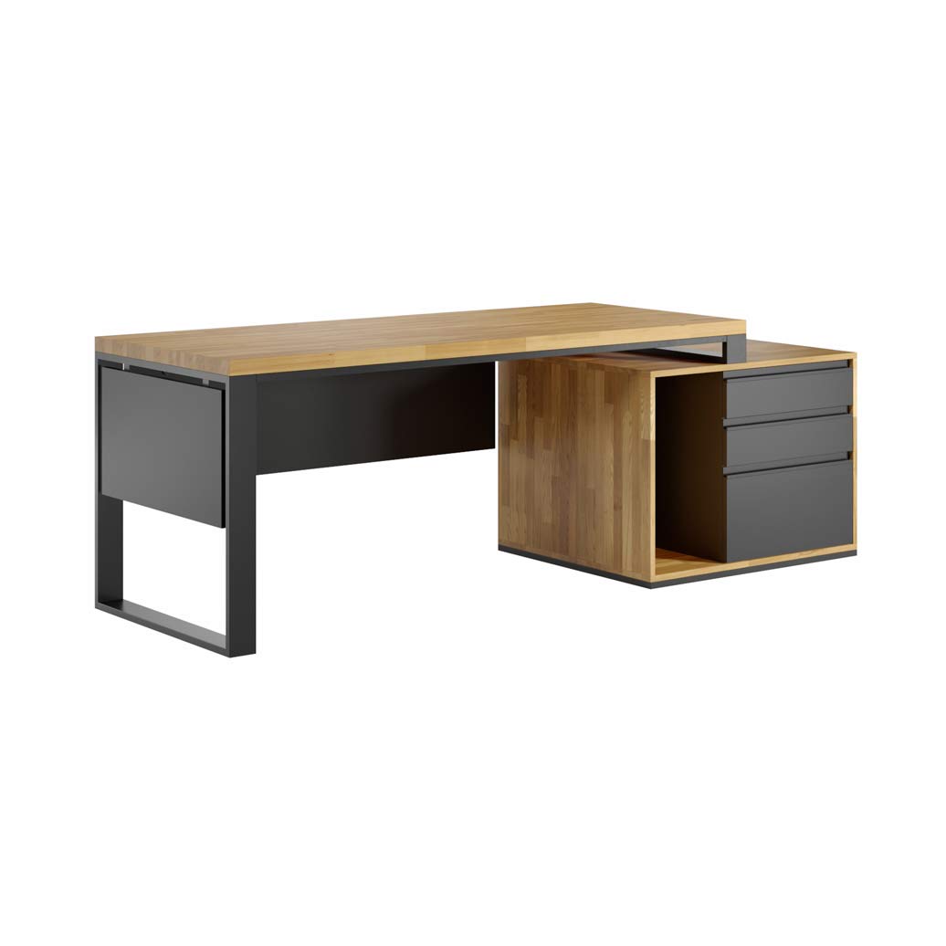 biurko z drewna i czarnymi elementami oraz kontenerkiem z prawej strony